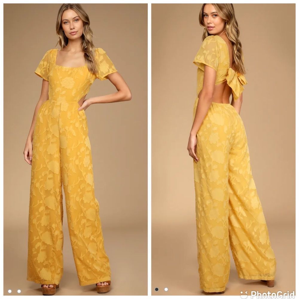 NEW Lulu’s Romantic Desire Yellow Floral Burnout Tie Back Jumpsuit Large